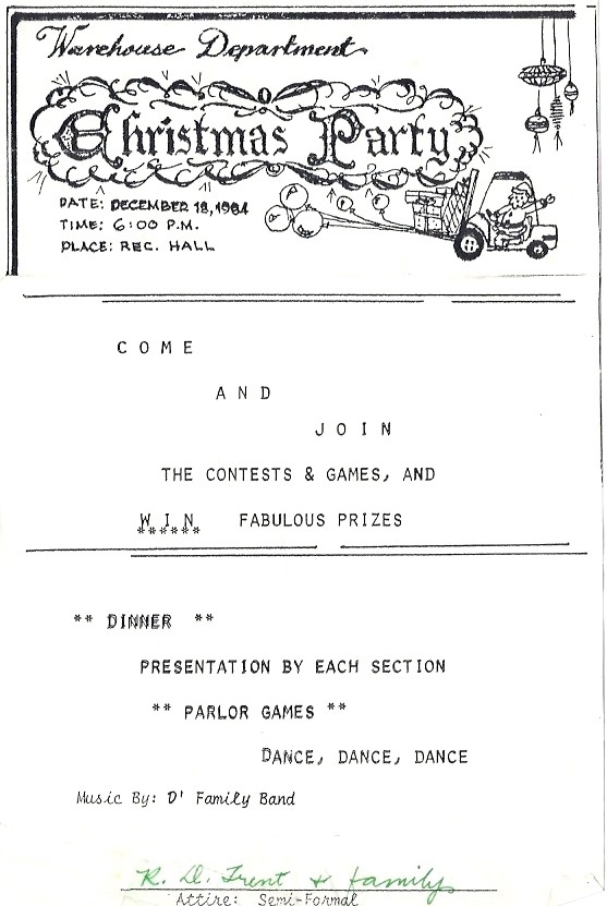 Warehouse Department Christmas party invitation for December 18, 1984, with a festive banner and details of dinner, games, prizes, and dancing.