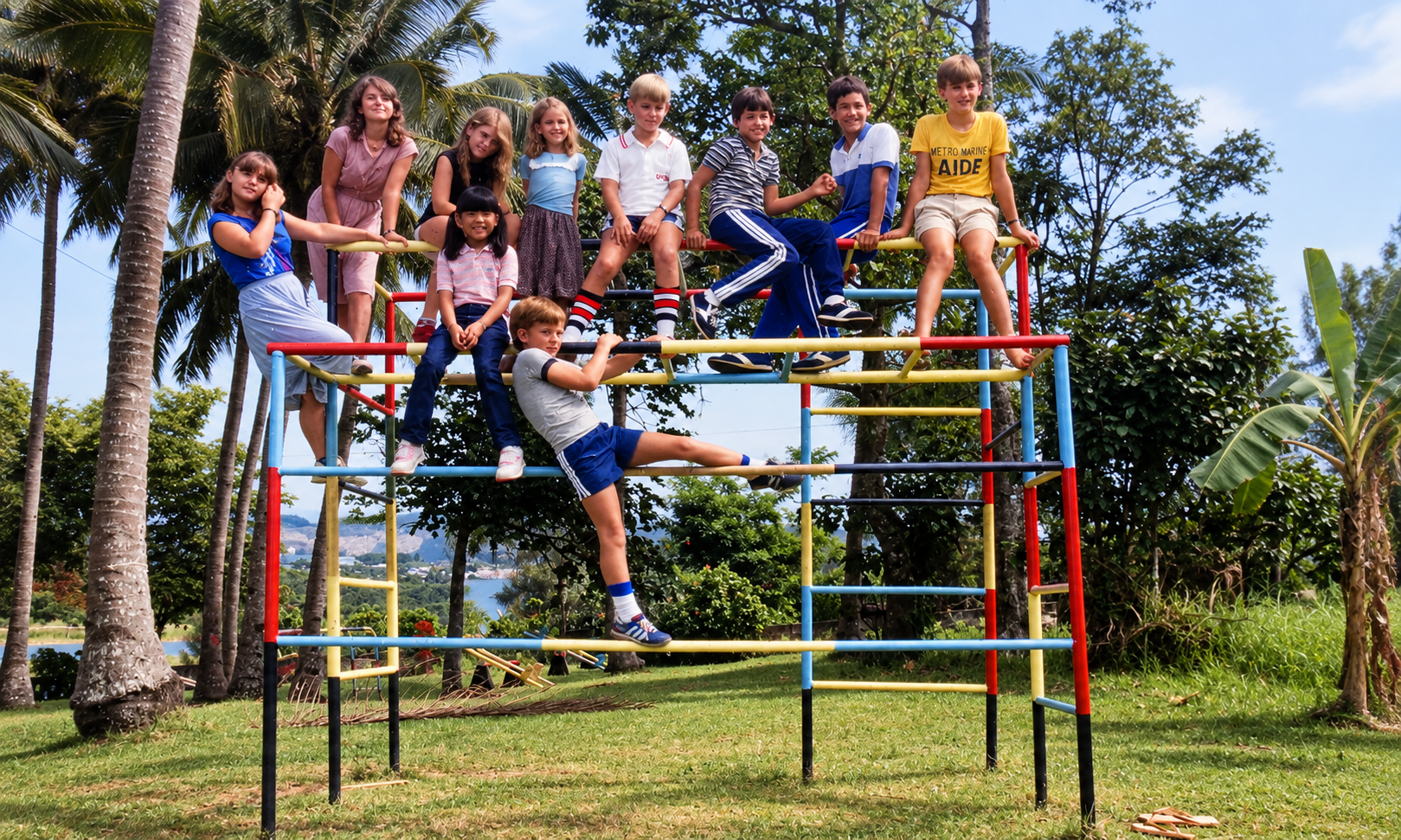Children gathered on a colorful climbing frame among coconut palms.