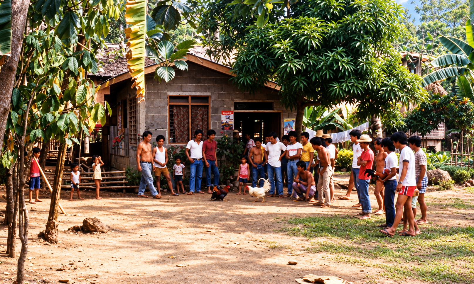 People gathered outside a village house around two roosters in the yard.