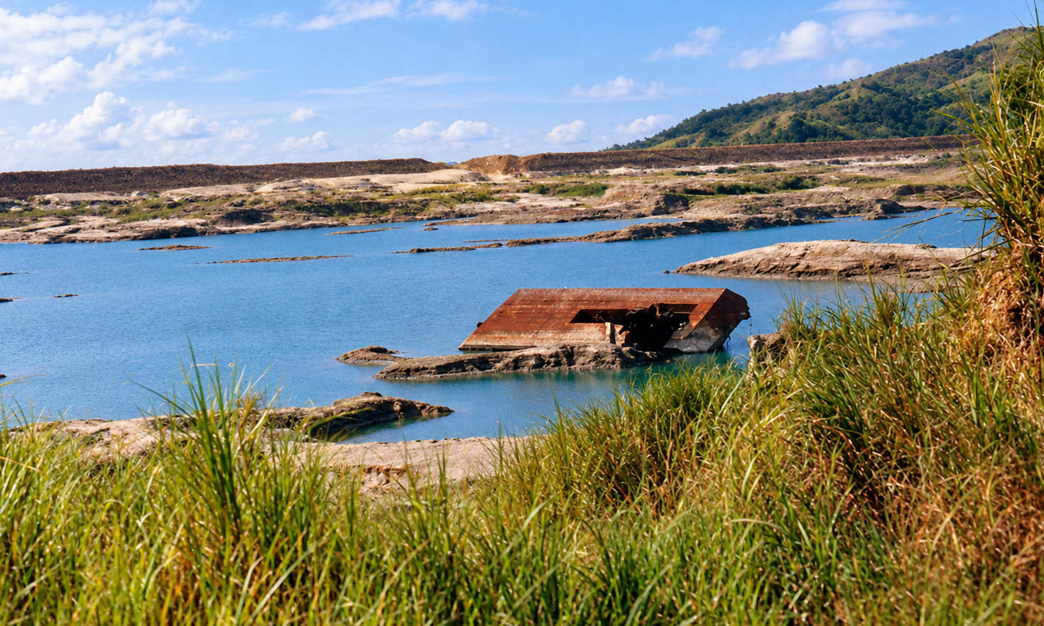 A rusted roof partly submerged in the blue water of the tailings pond.