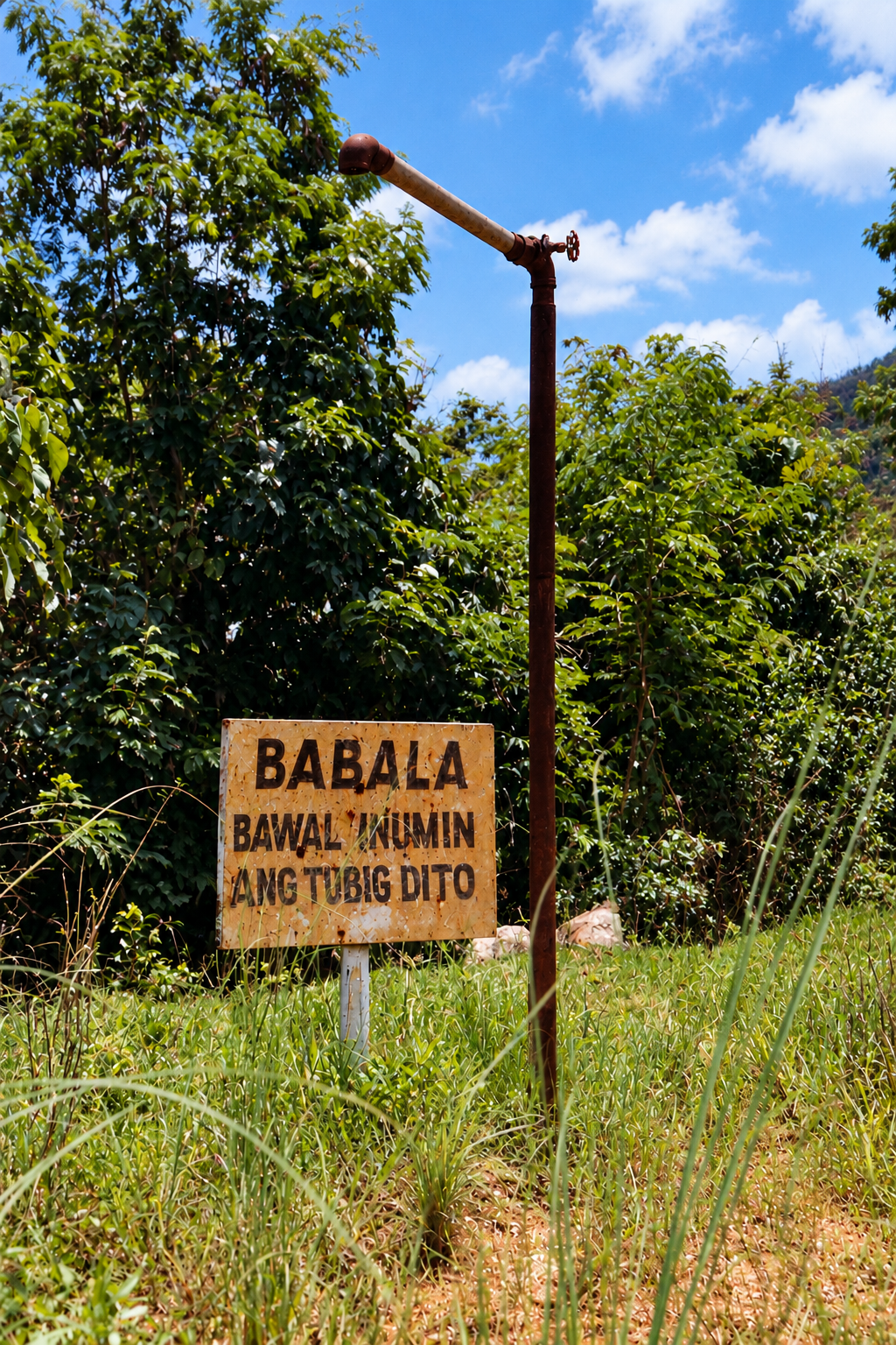 A standpipe and a warning sign beside dense tropical vegetation.