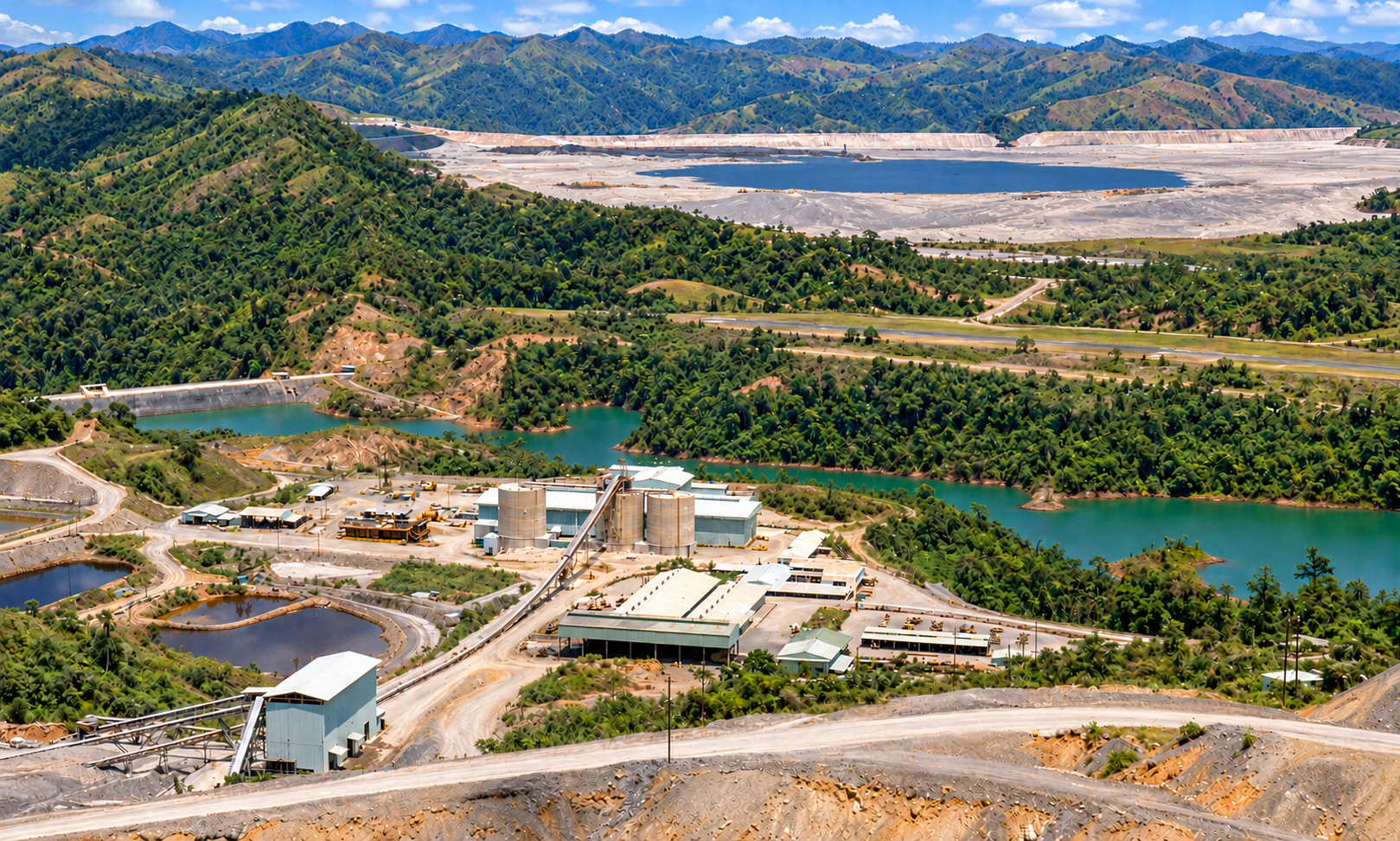 A panoramic view of the mine processing plant, reservoirs, airstrip, and tailings pond.