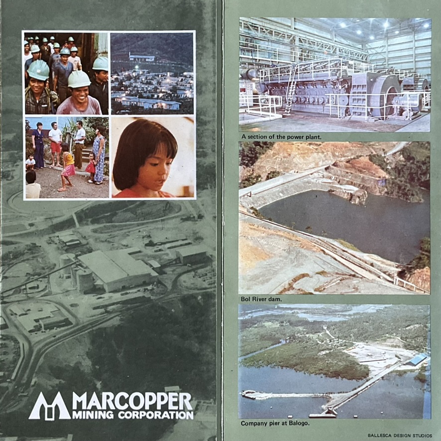 Original green Marcopper brochure with its cover, community photographs, power plant, dam, and company pier.