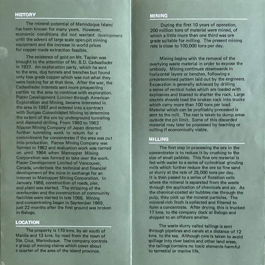 Marcopper brochure pages describing the company's history, location, mining, and milling.