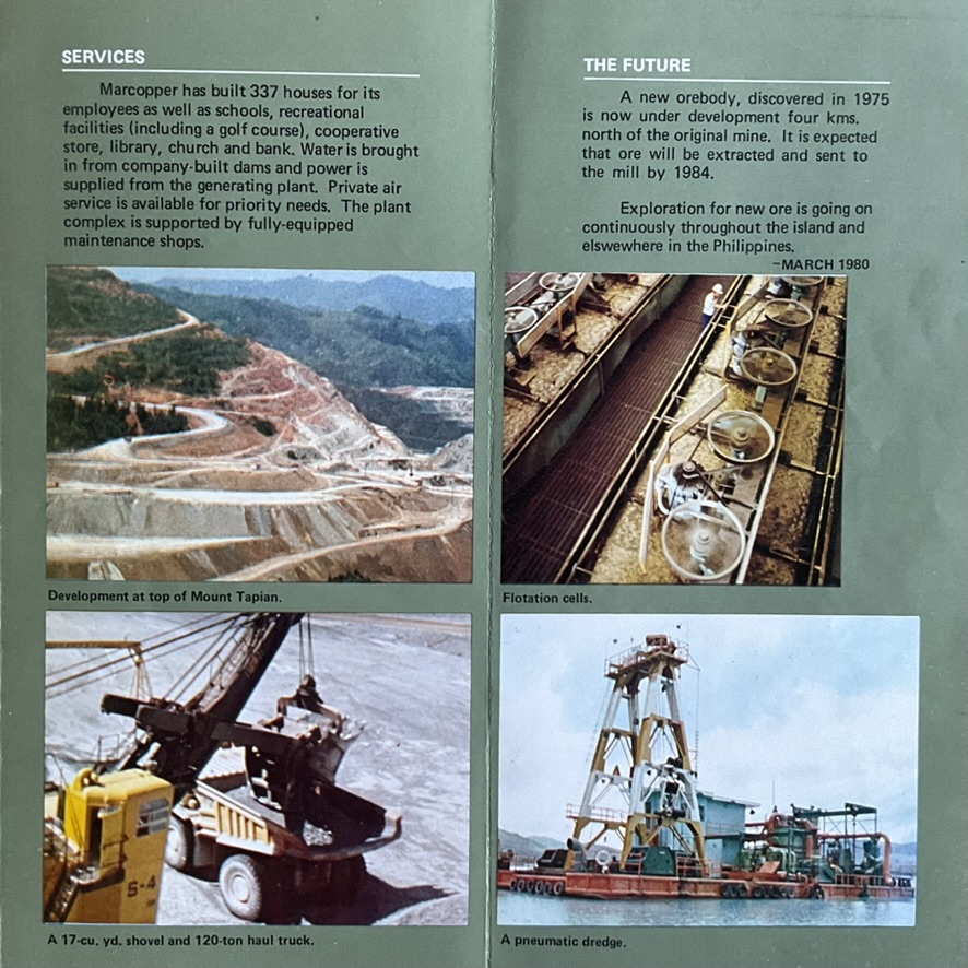 Marcopper brochure pages on community services and future plans, with mining equipment photographs and a March 1980 date.