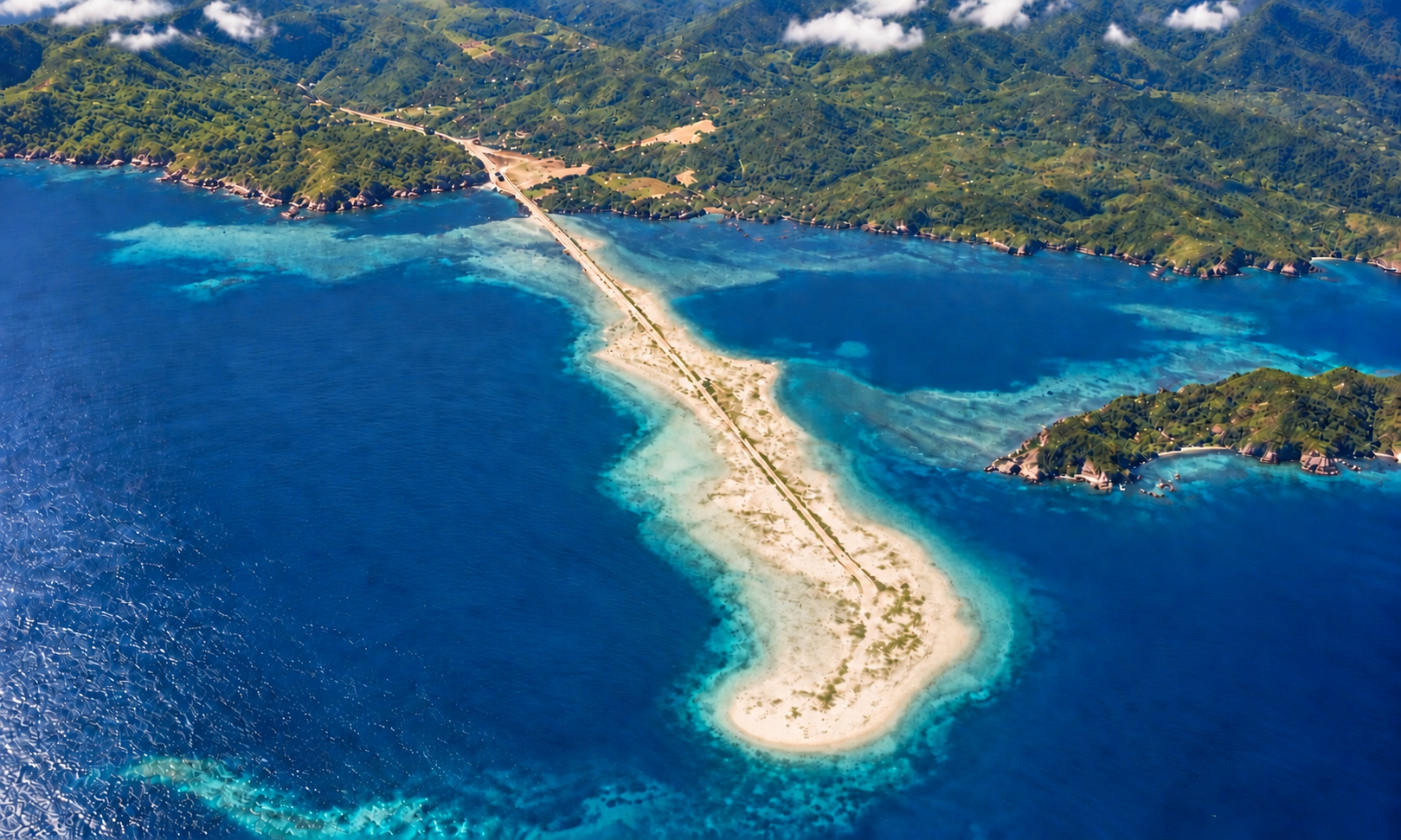 An aerial view of the long Calancan causeway surrounded by blue water.
