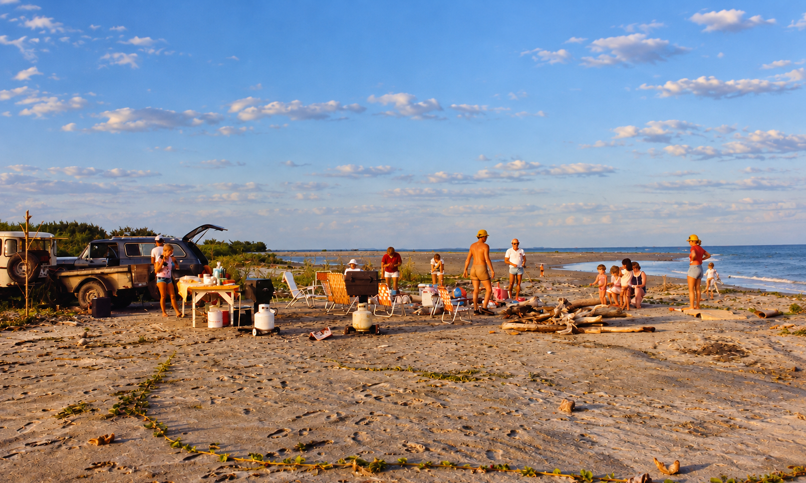 A group enjoying a beach outing with vehicles, chairs, picnic supplies, and driftwood.