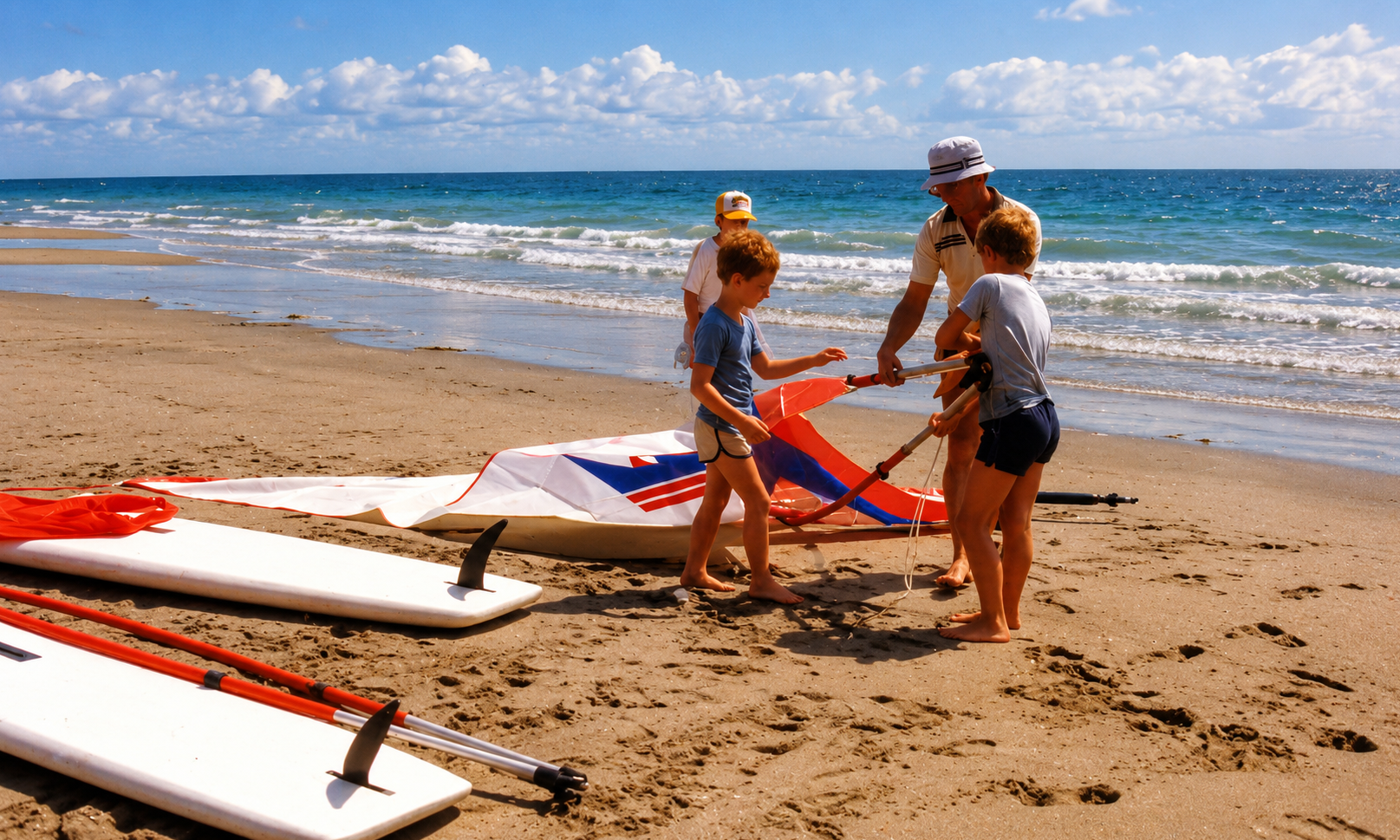 An adult helping children assemble windsurfing equipment on the beach.