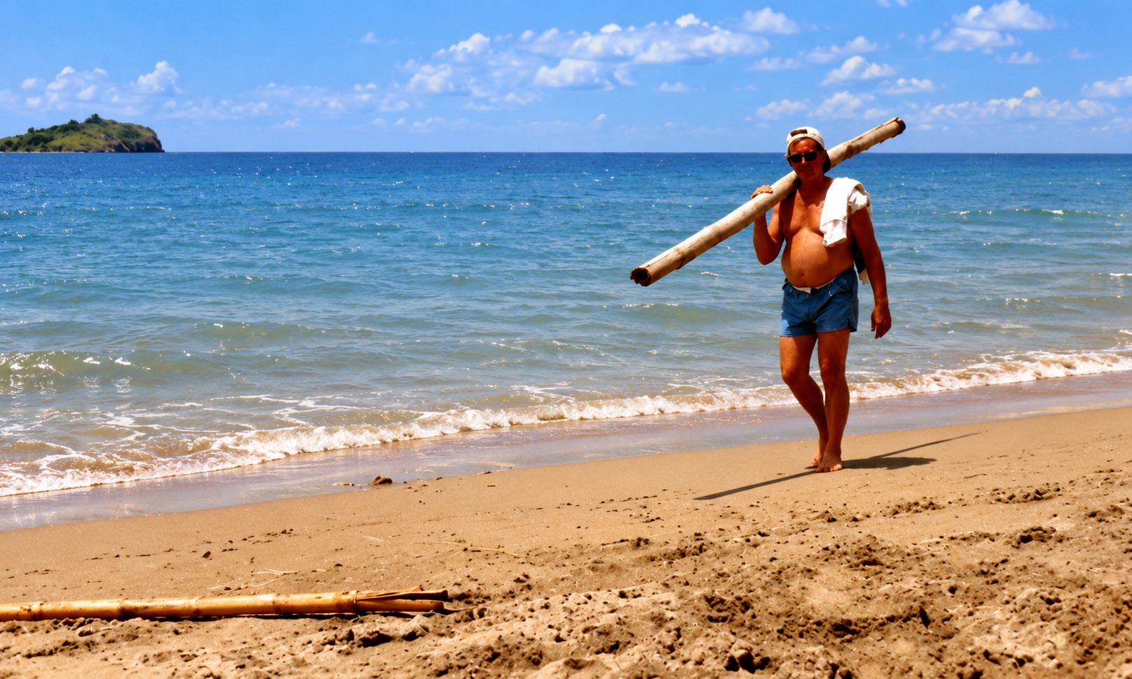 A man carrying a long bamboo pole along the beach.