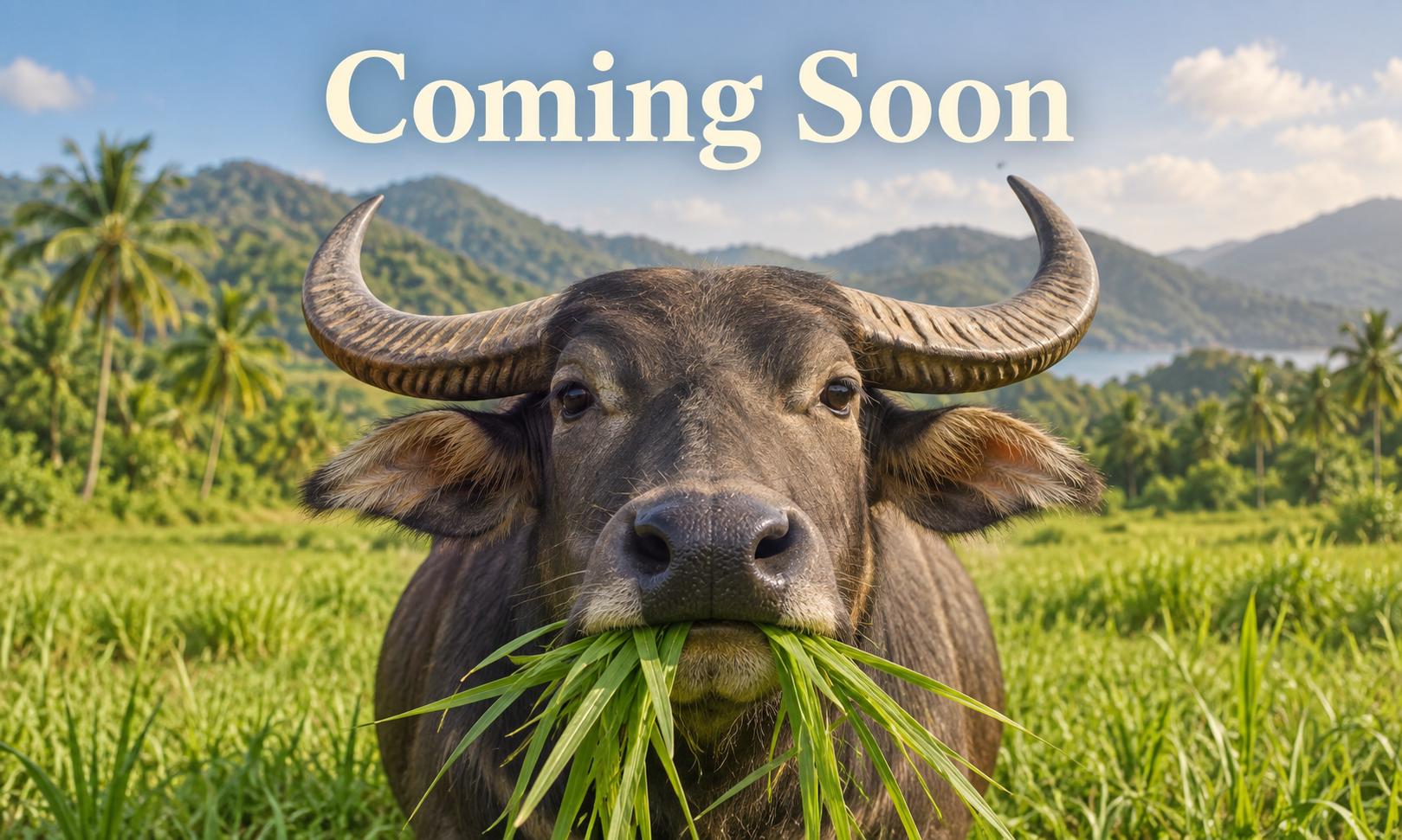 Coming Soon — a Philippine carabao looking toward you while enjoying a mouthful of fresh green grass.