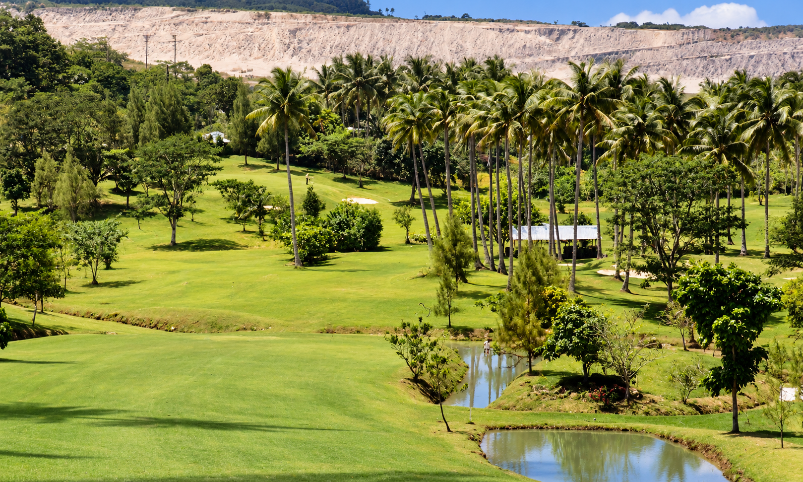 Rolling fairways, ponds, and coconut palms below the mine.