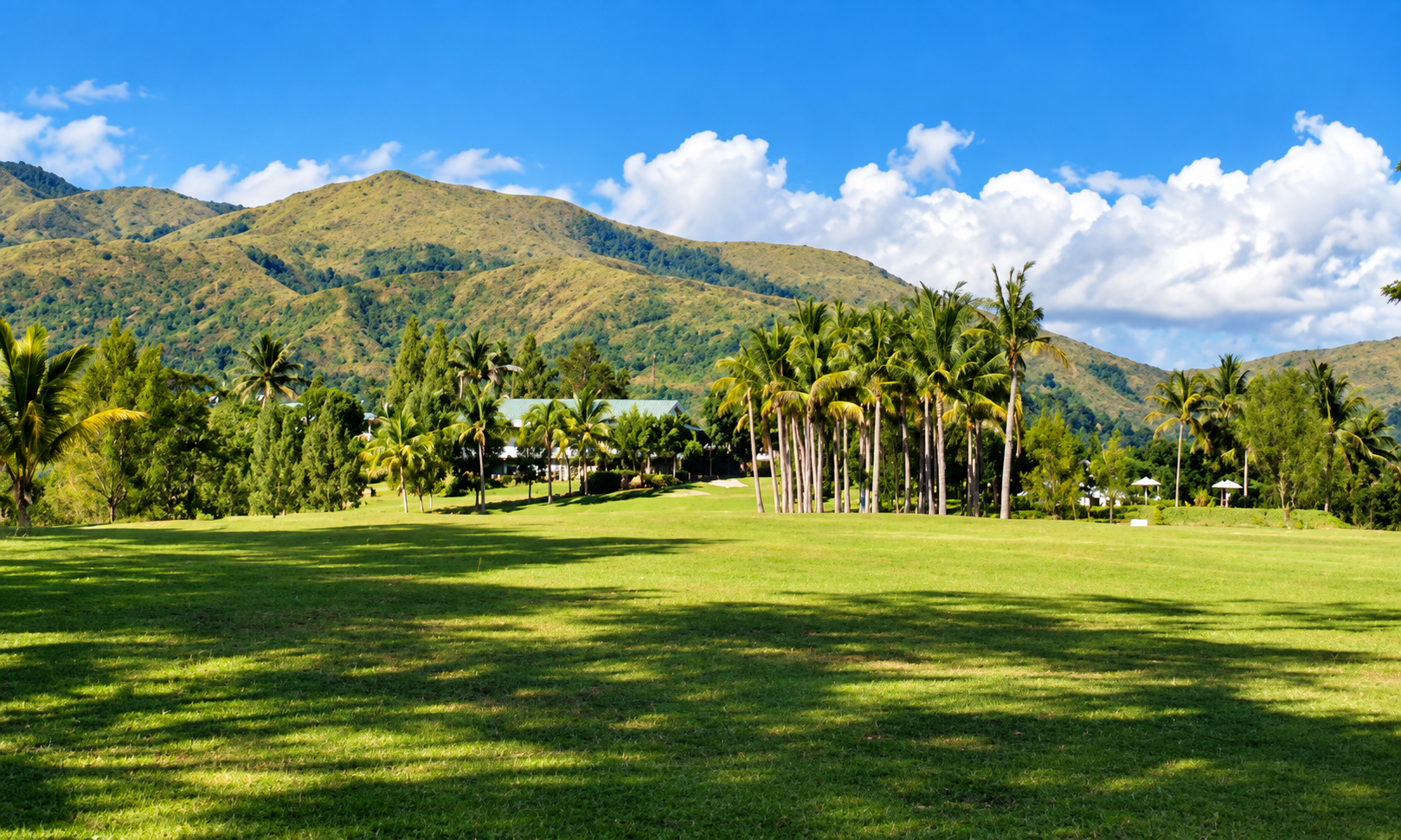 The clubhouse framed by coconut palms and mountains across a sunny fairway.