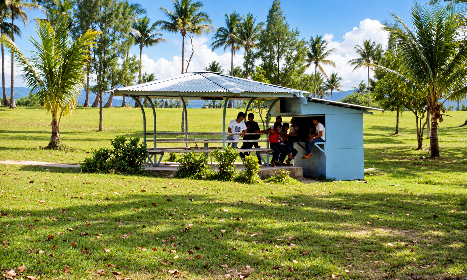 A group taking a break in an open-sided shelter among the palms.