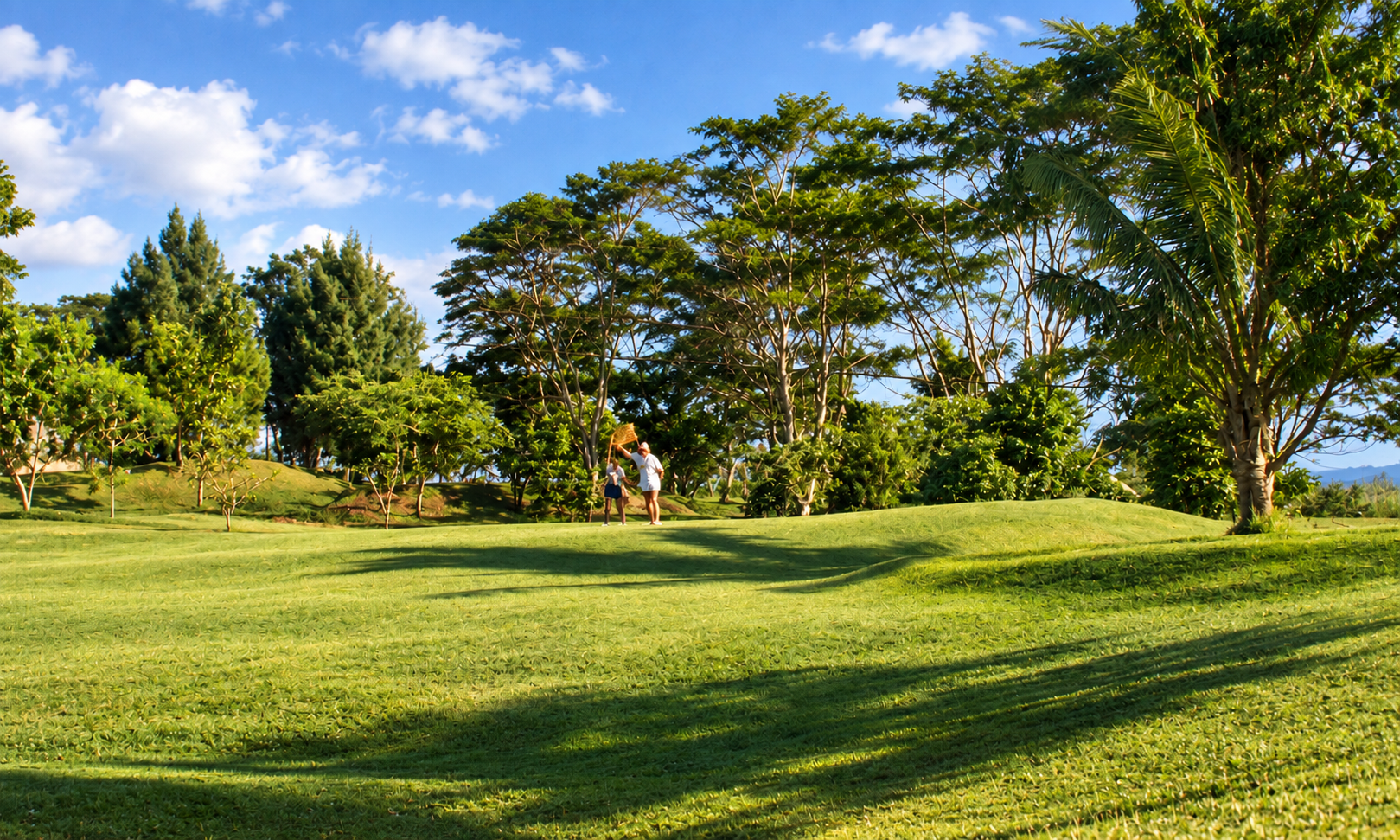 Two golfers on a sunny green bordered by tropical trees.