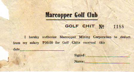 An original Marcopper Golf Club chit with the club heading and handwritten-entry lines on aged paper.