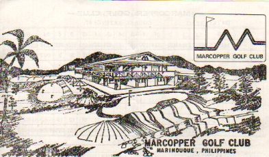 Marcopper Golf Club score card cover, illustrated with the clubhouse, grounds, and club logo.