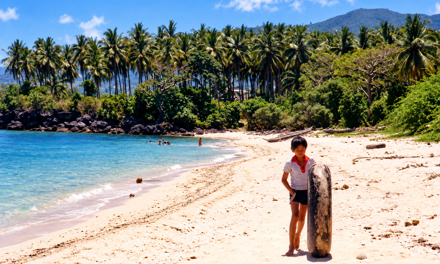 A boy holding a large inner tube on a beach lined with coconut palms.