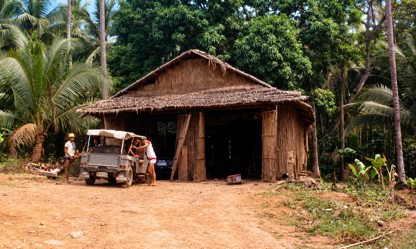 People gathered beside a small jeep outside a thatched garage under coconut palms.