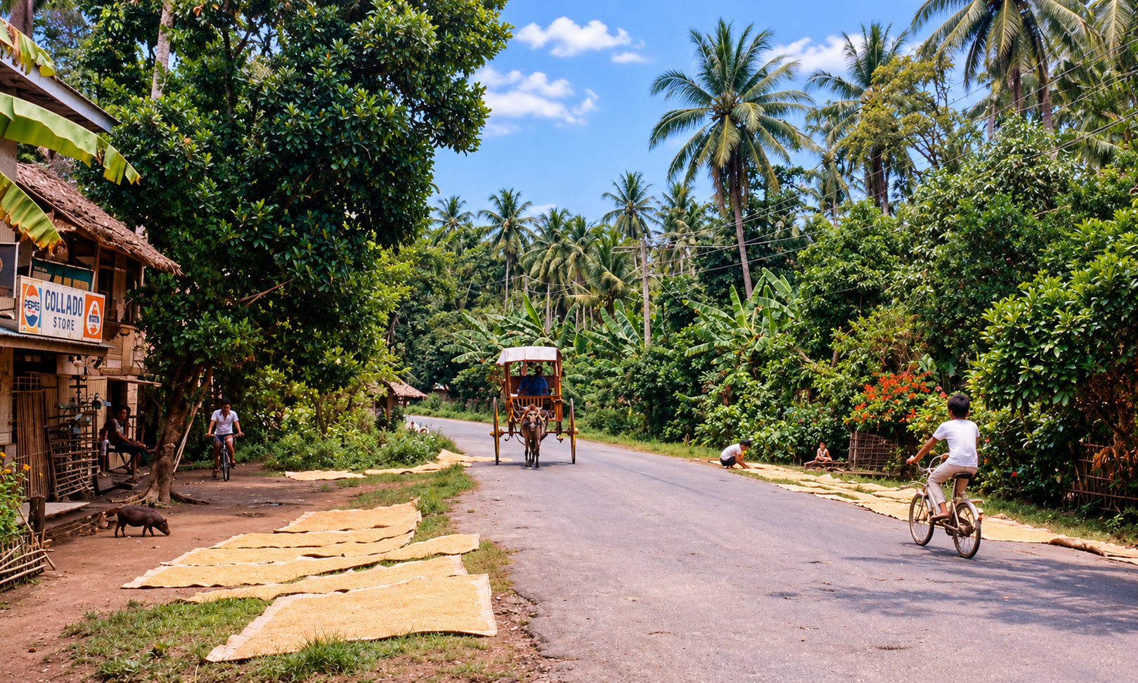 A horse-drawn carriage and cyclists on a rural road beside grain drying in the sun.