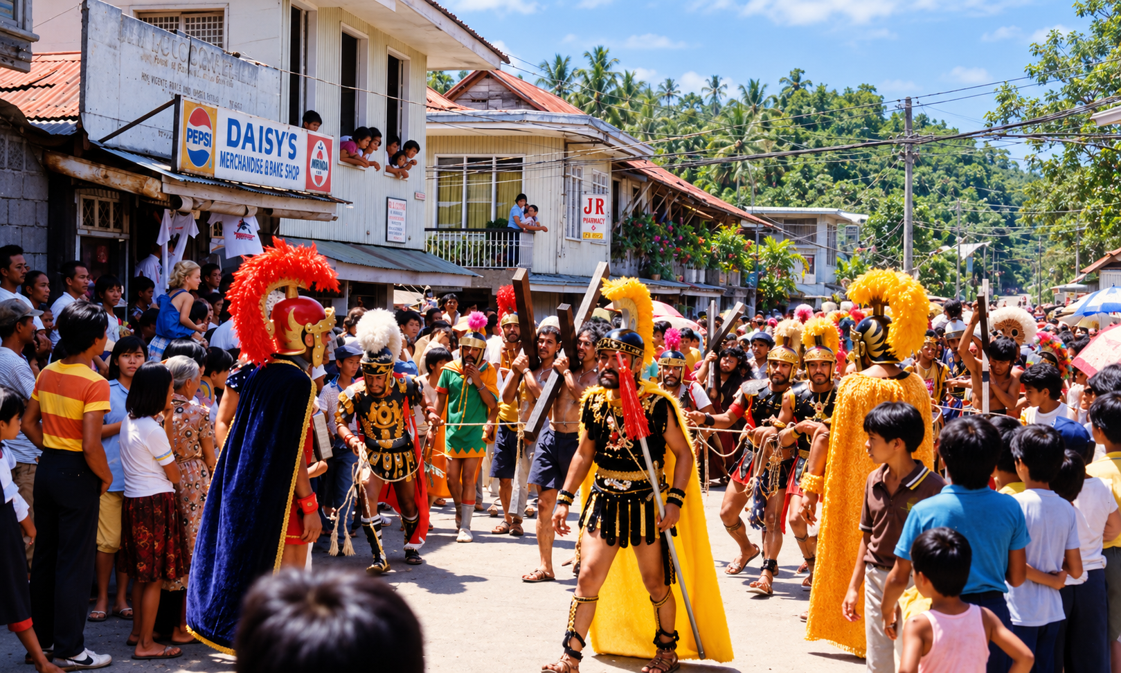 People in colorful Roman soldier costumes taking part in a crowded street procession.