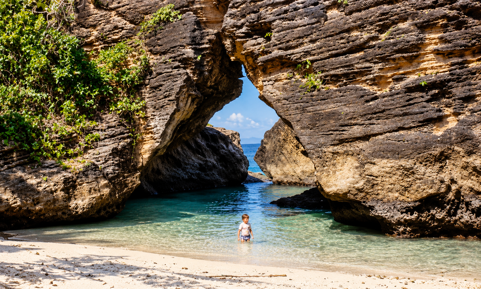 A child standing in clear shallow water beneath a natural rock arch.