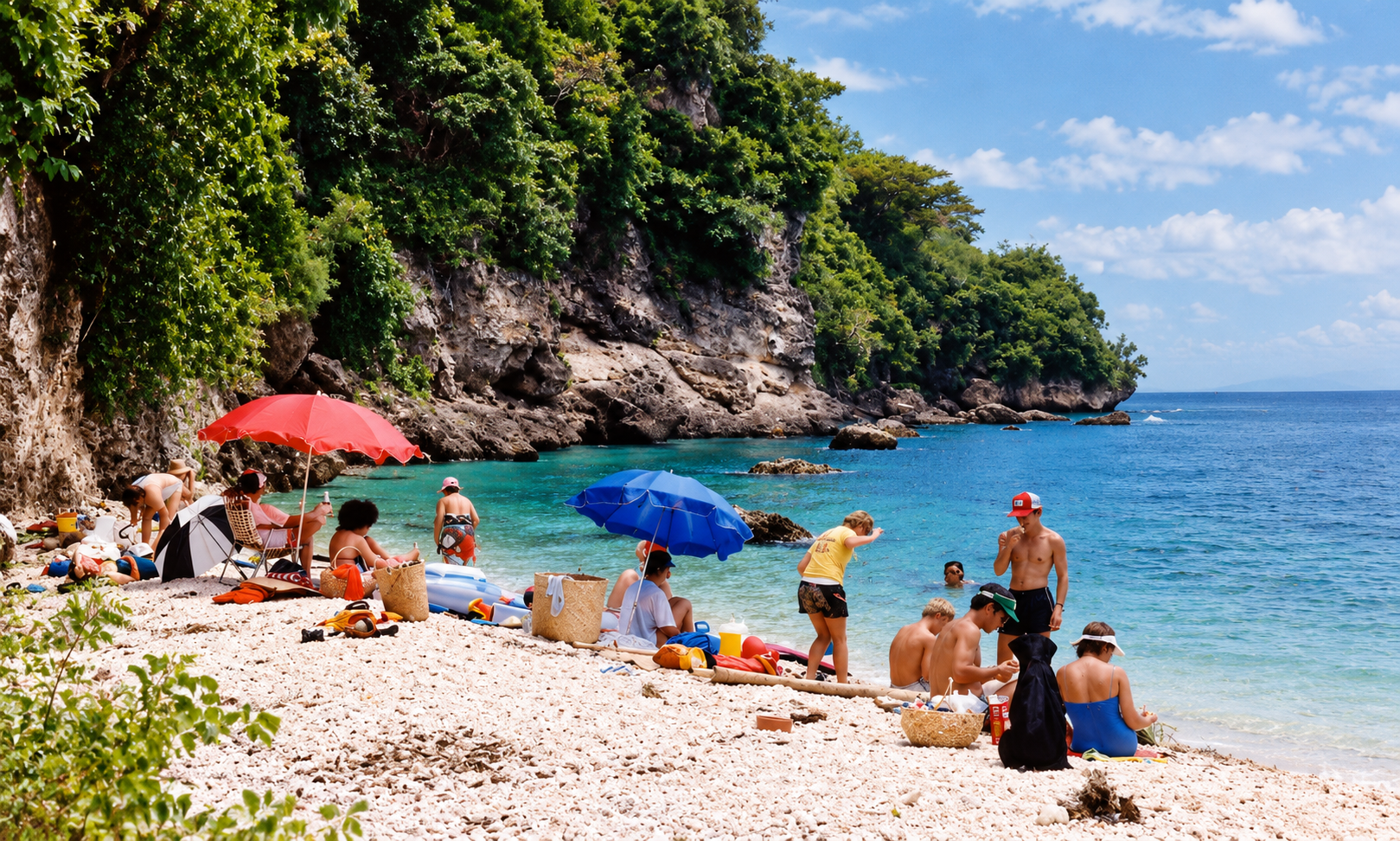 A family picnic beneath red and blue umbrellas beside a rocky cove.
