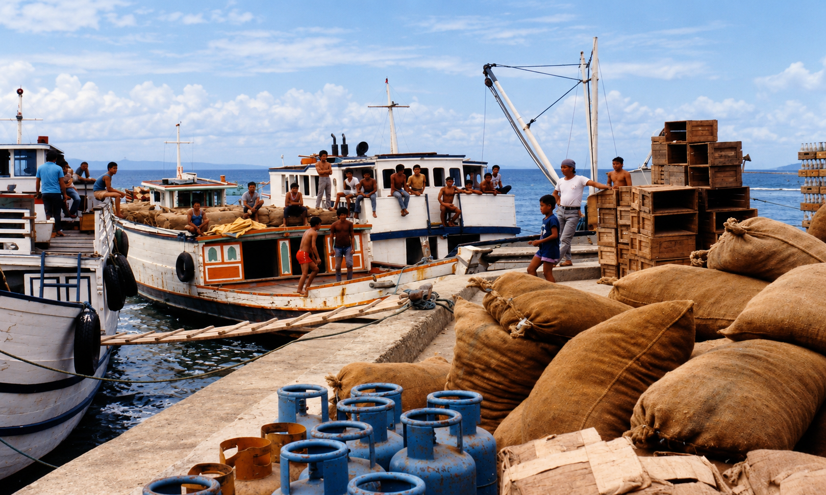 People aboard cargo boats at a wharf surrounded by sacks, crates, and blue cylinders.