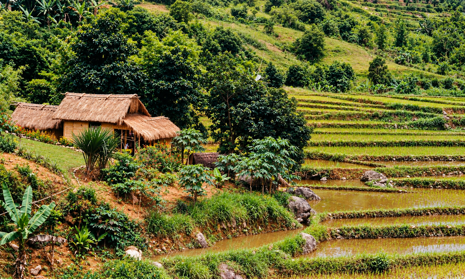 Thatched houses beside terraced green rice fields.