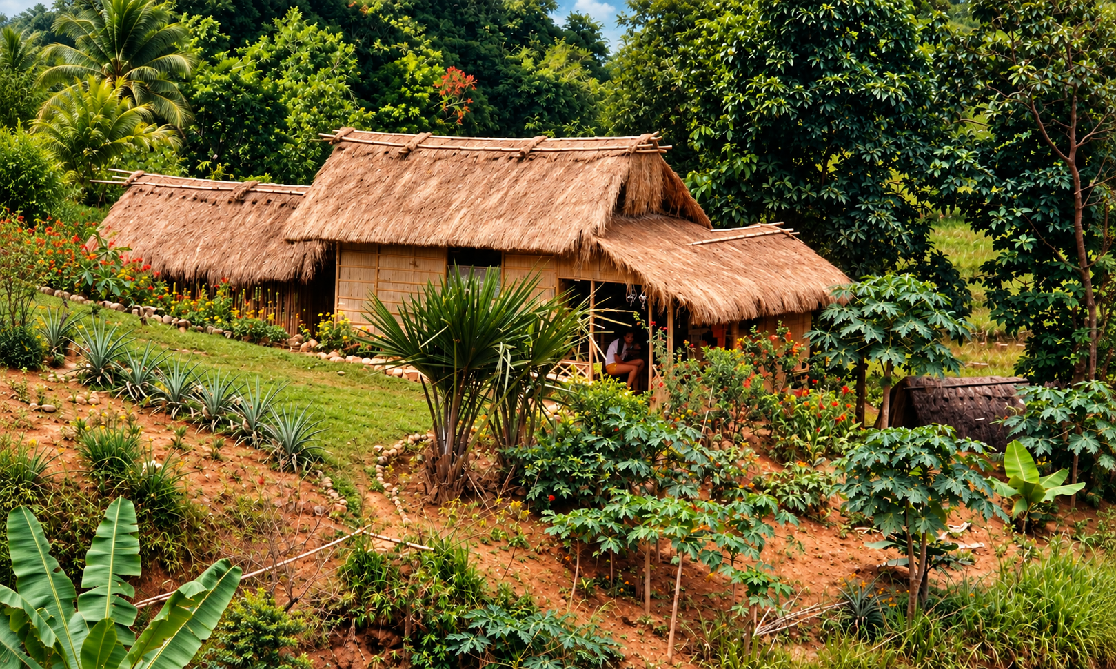Thatched houses and flowering plants on a hillside, with a person in a doorway.