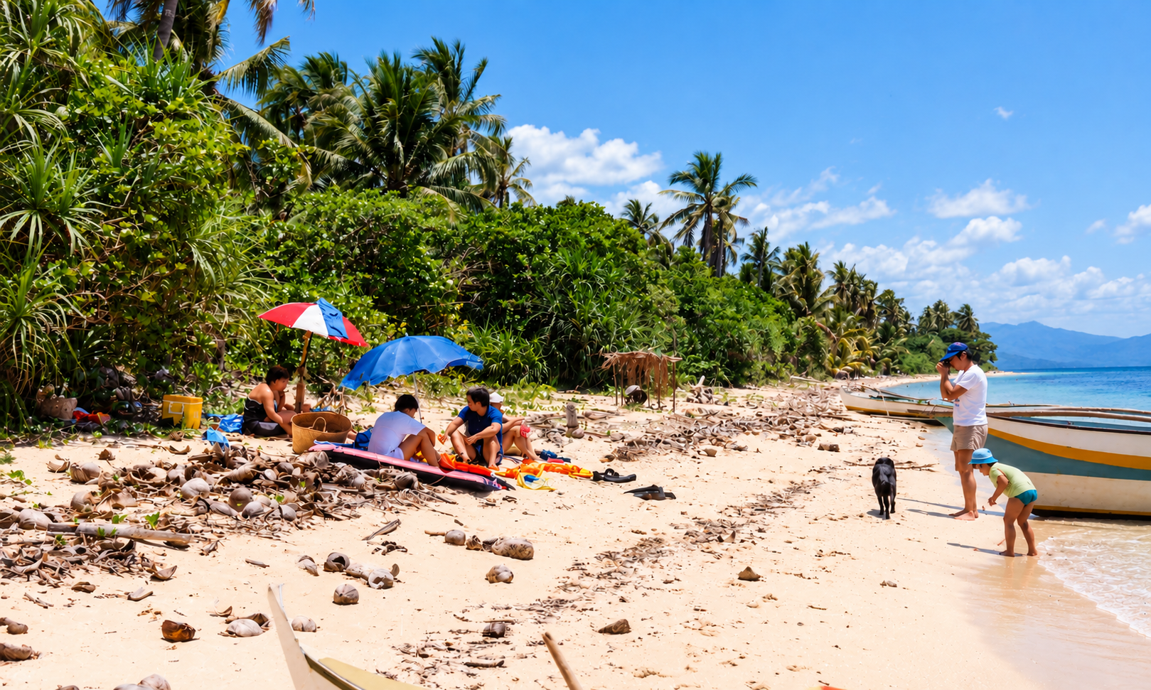 A picnic beneath umbrellas on a palm-lined beach, with an outrigger boat nearby.