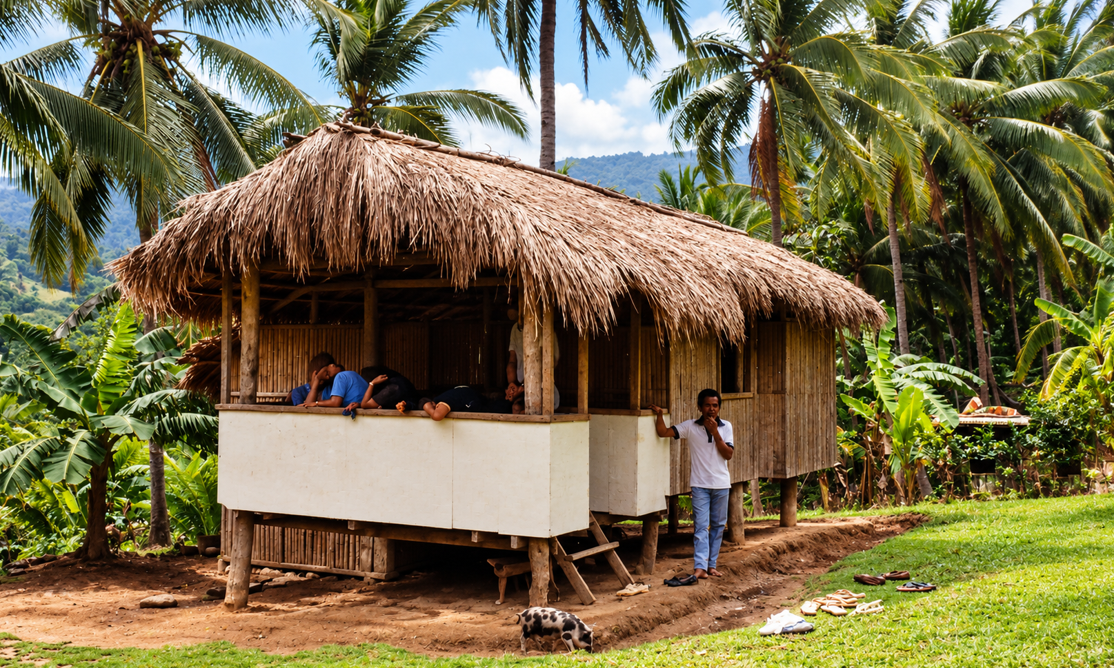 People on the porch of a thatched bamboo house raised on stilts.