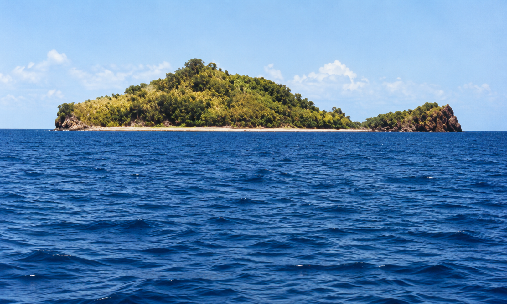 A small wooded island surrounded by deep blue water.