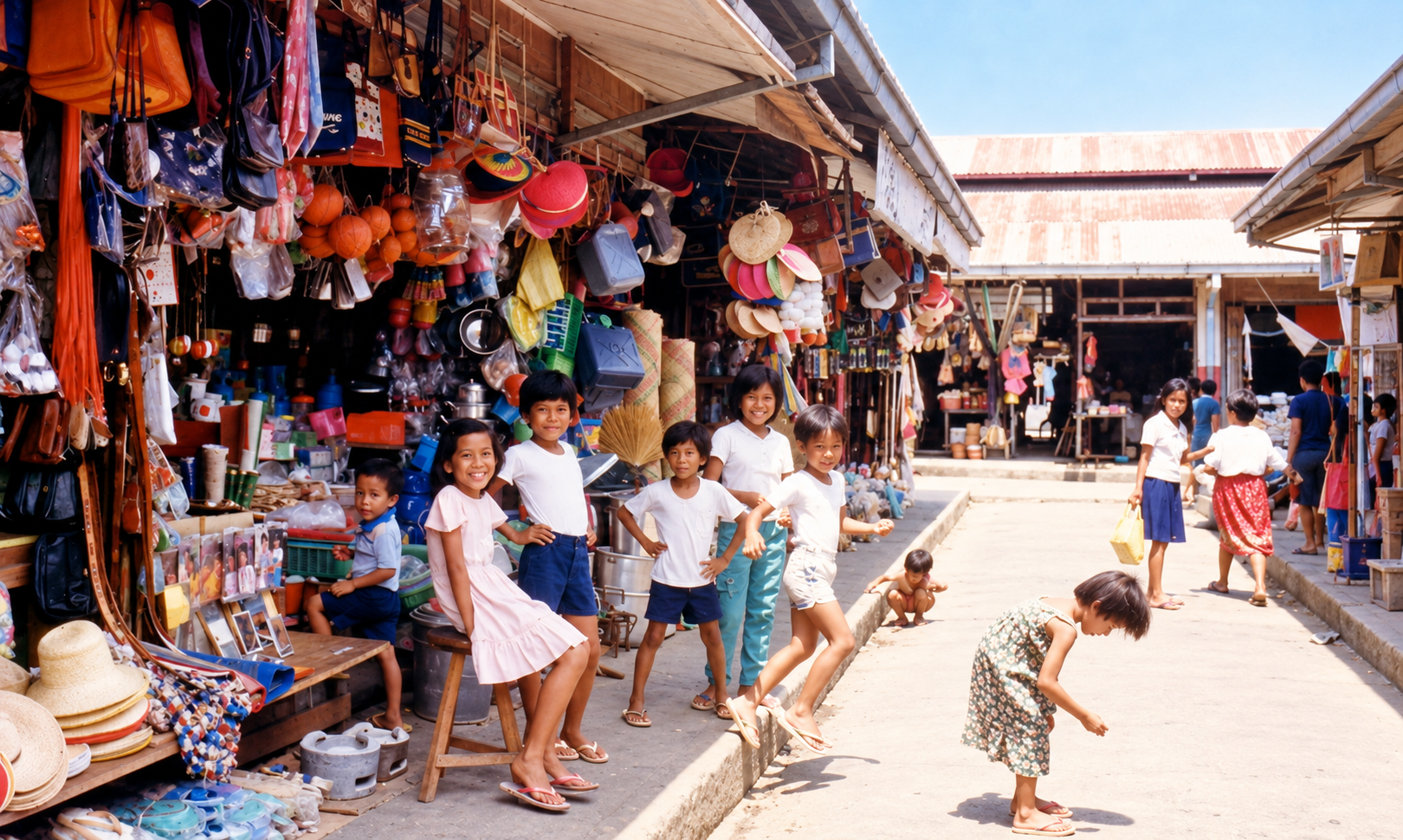Smiling children beside a market stall filled with hats, bags, and household goods.