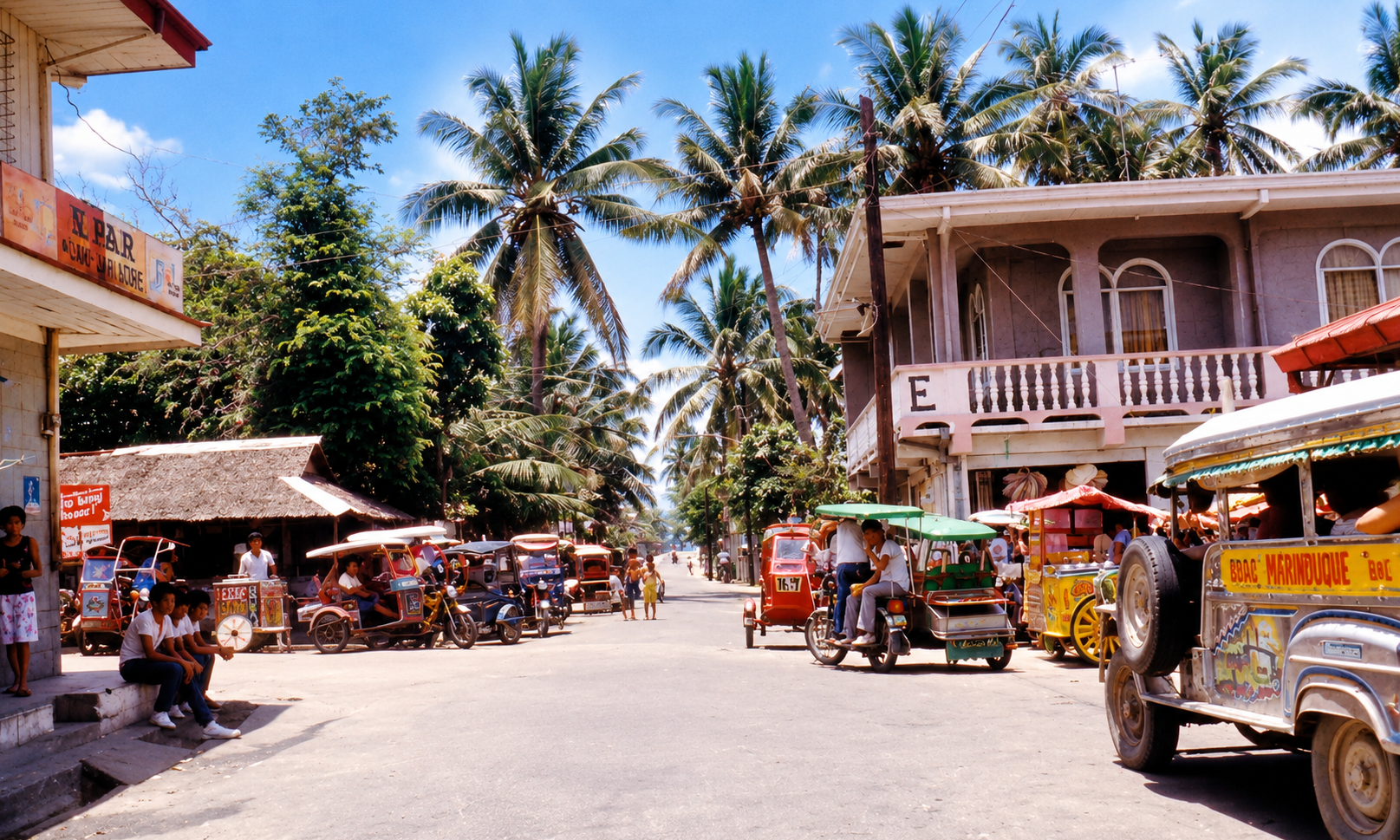 Tricycles and a jeepney on a busy Boac street lined with shops and coconut palms.