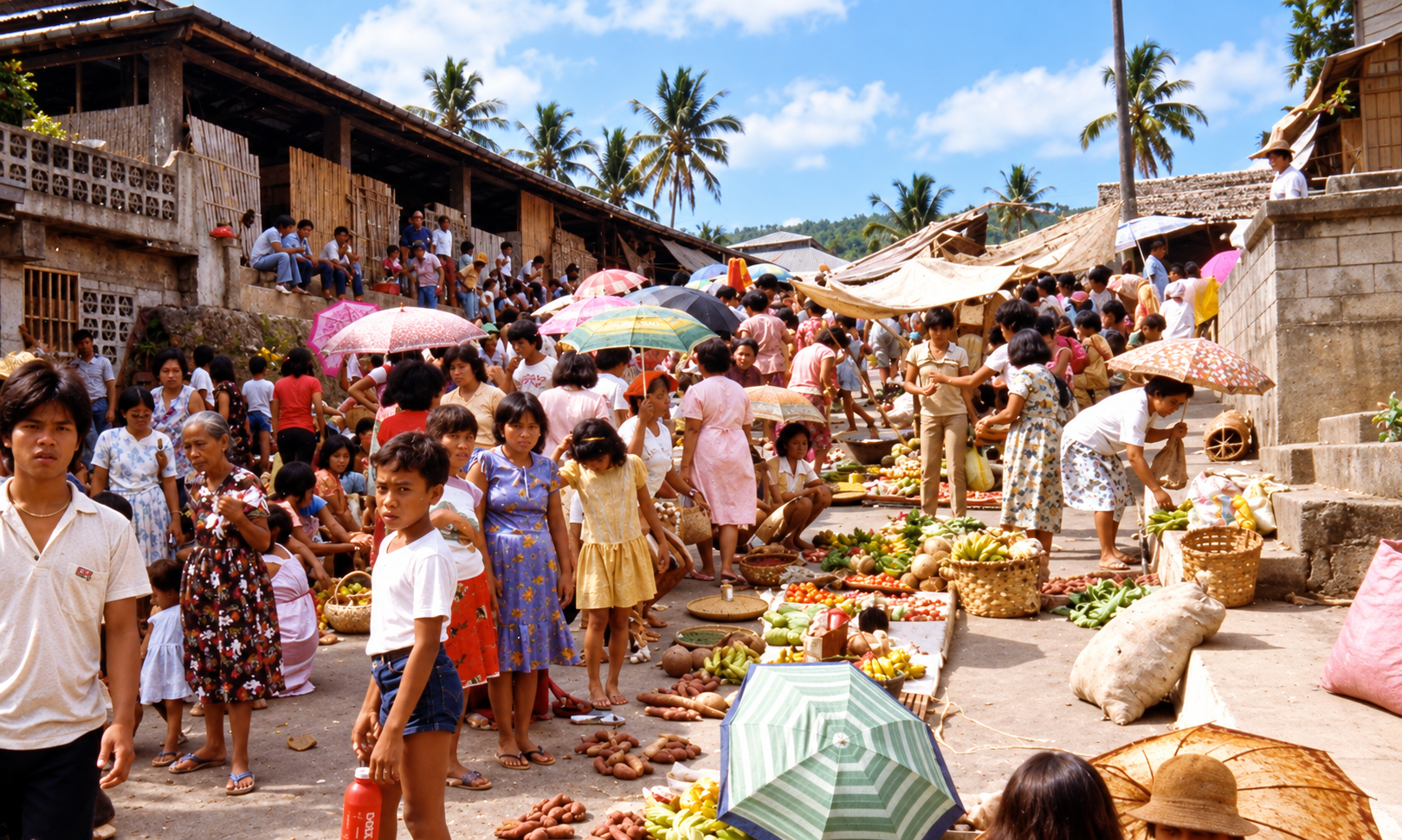 A crowded outdoor market with fresh produce, woven baskets, and colorful umbrellas.