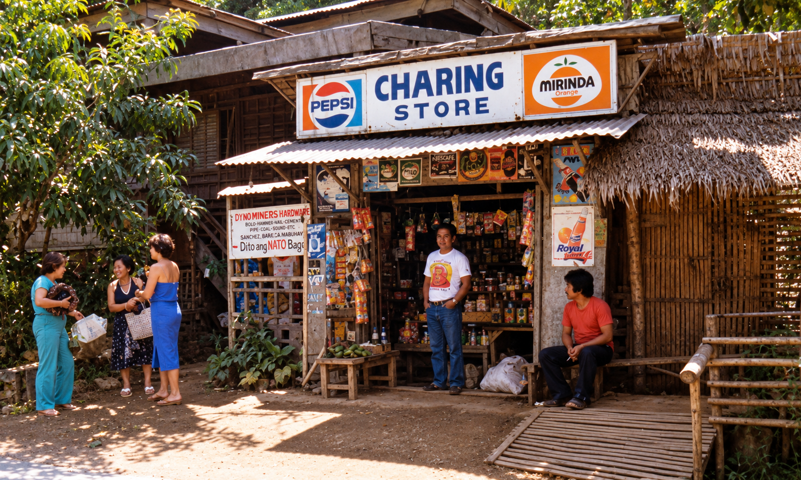 People gathered outside Charing Store, with bamboo walls and a thatched roof beside it.