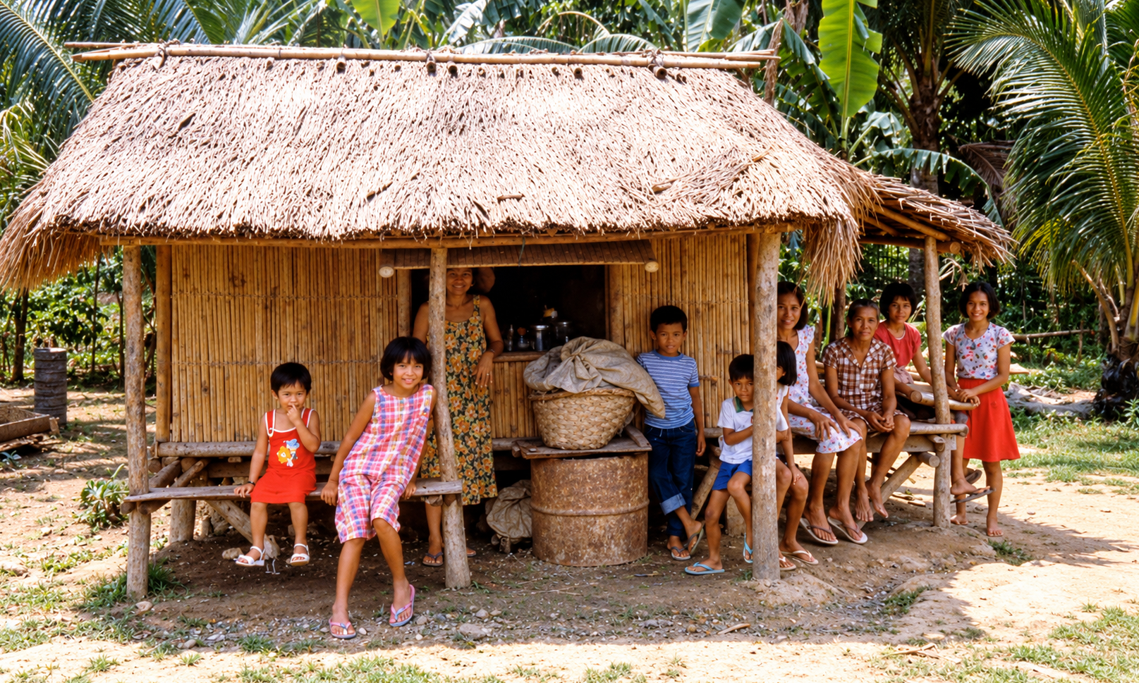 Adults and children gathered on the porch of a bamboo house with a thatched roof.