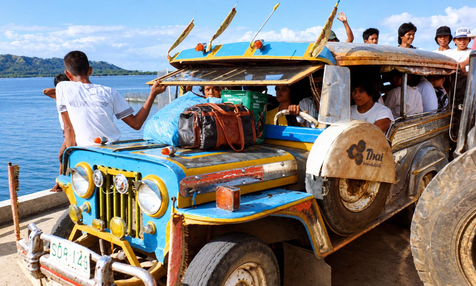 Passengers crowded into a blue and yellow jeepney beside the waterfront.