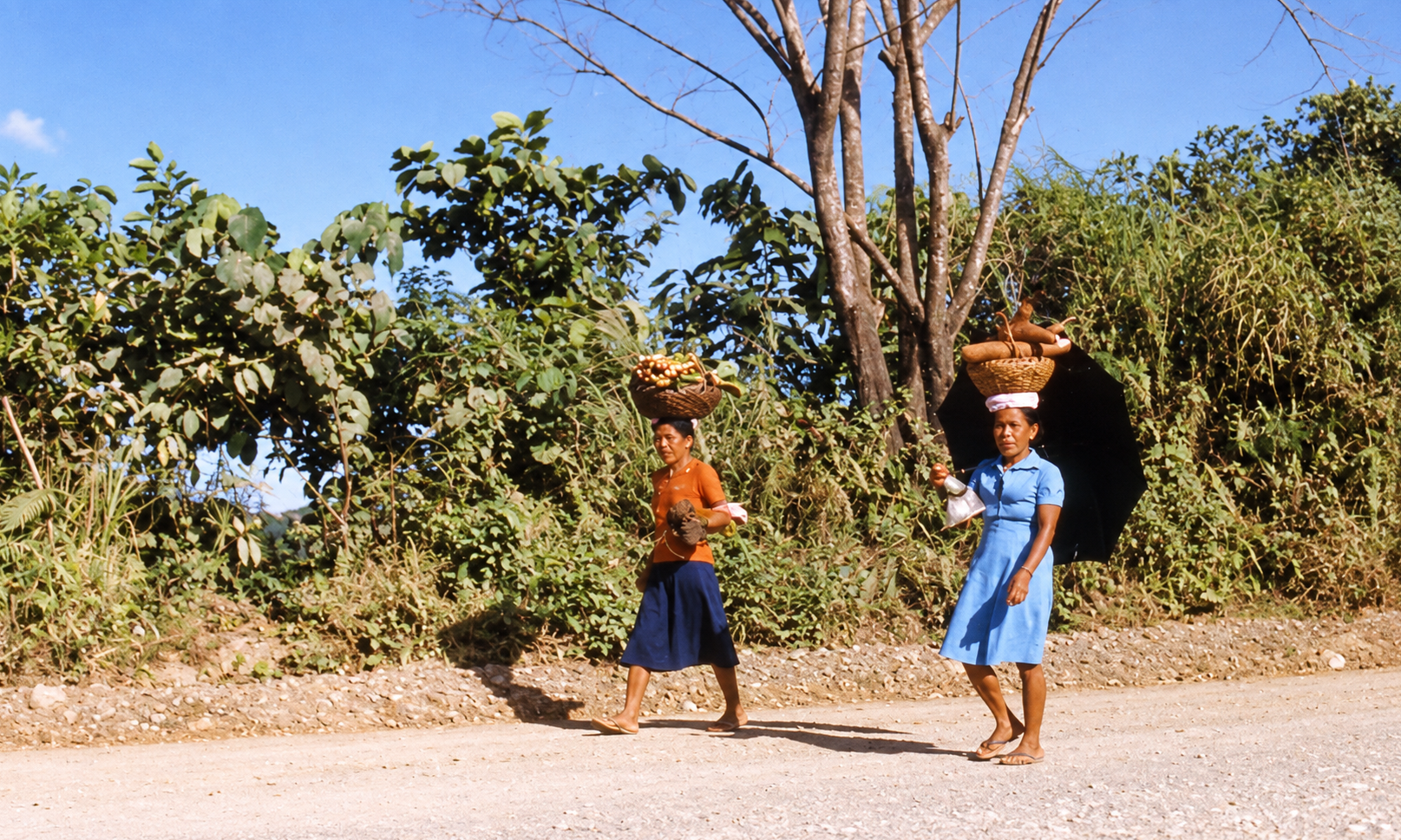 Two women carrying baskets of produce on their heads along a rural road.
