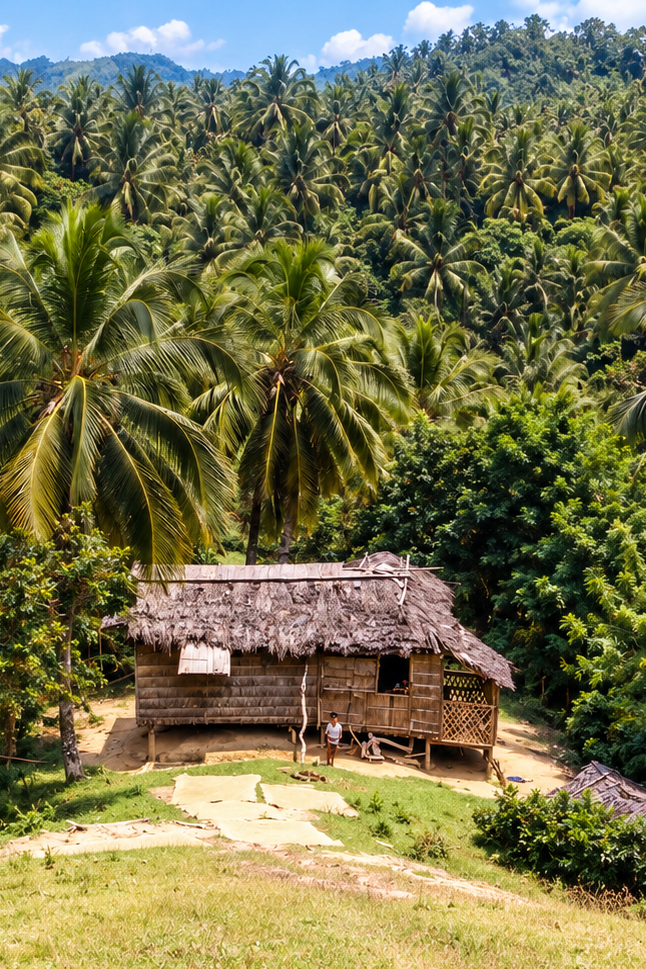 A thatched wooden house on a grassy hillside surrounded by dense coconut palms.