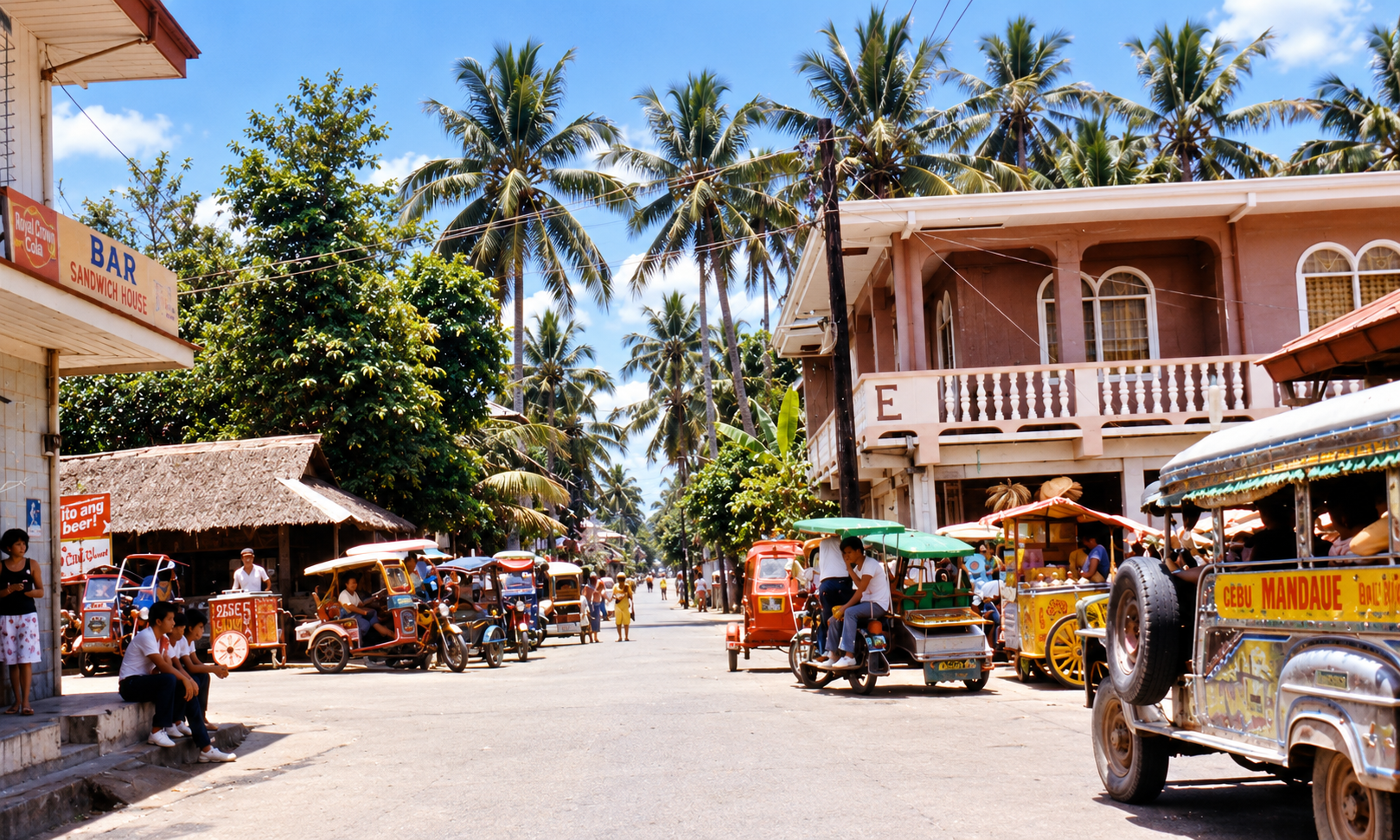 Motorized tricycles and a jeepney on a sunny town street lined with shops and coconut palms.