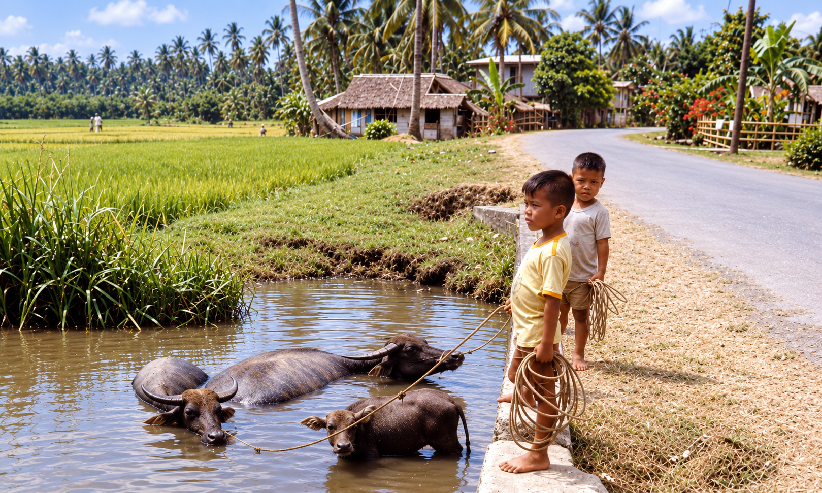 Two boys holding ropes beside water buffalo resting in a roadside pool next to rice fields.