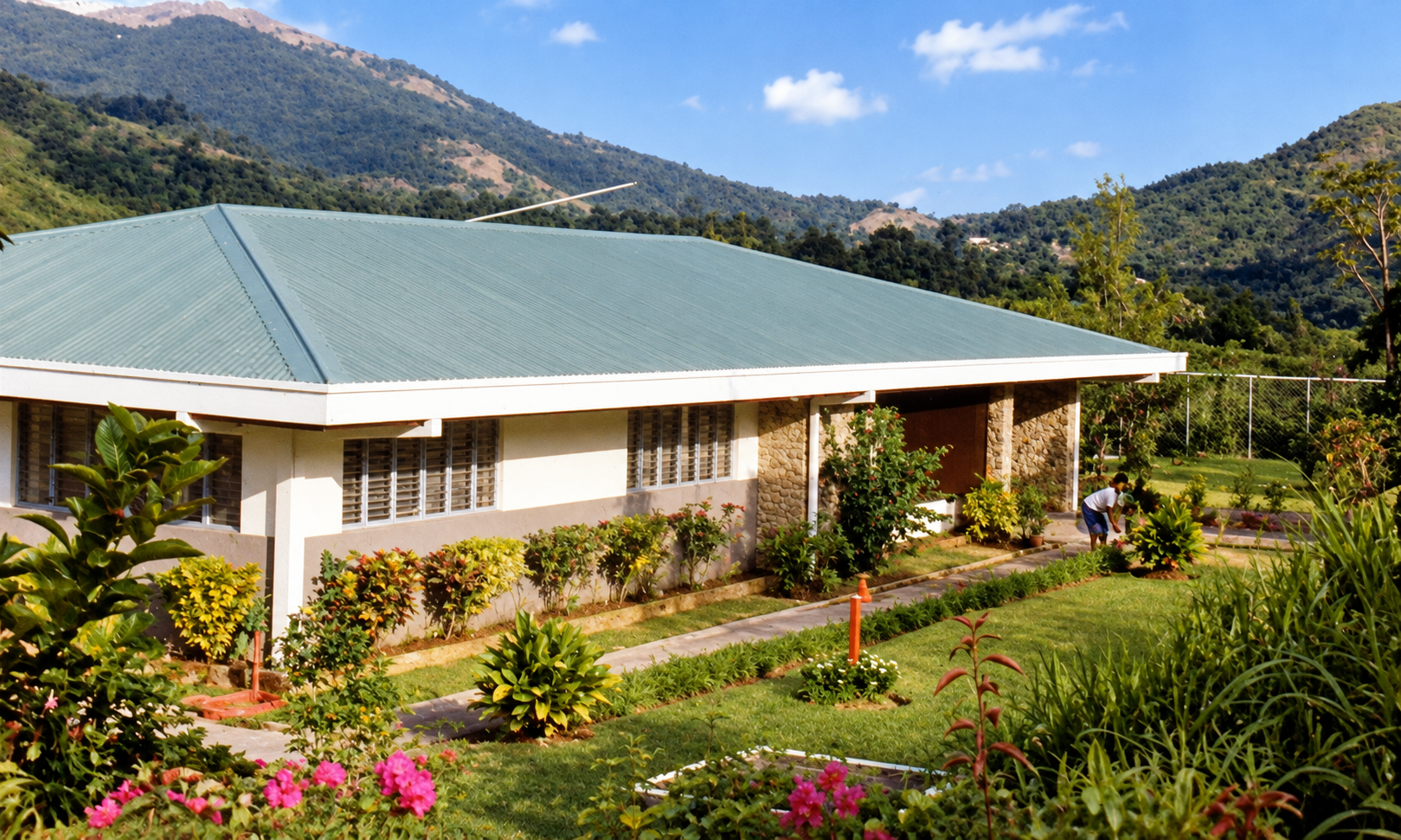 Our house and its flowering front garden, with green hills in the background.