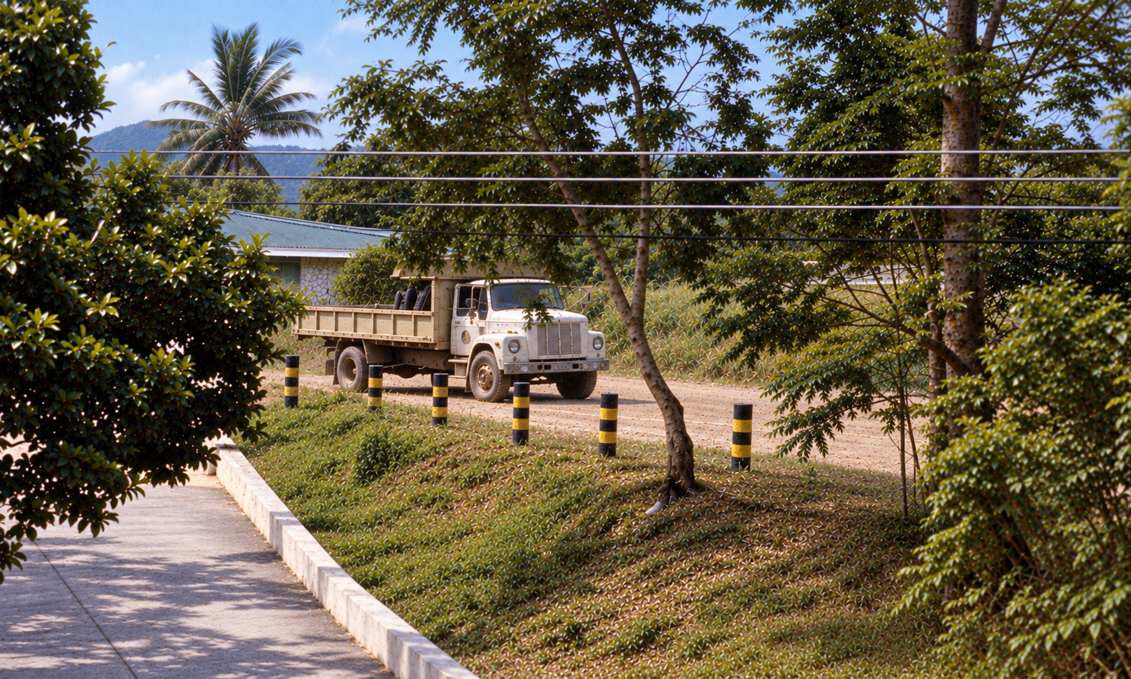 A white flatbed truck on the road beyond the garden and driveway.