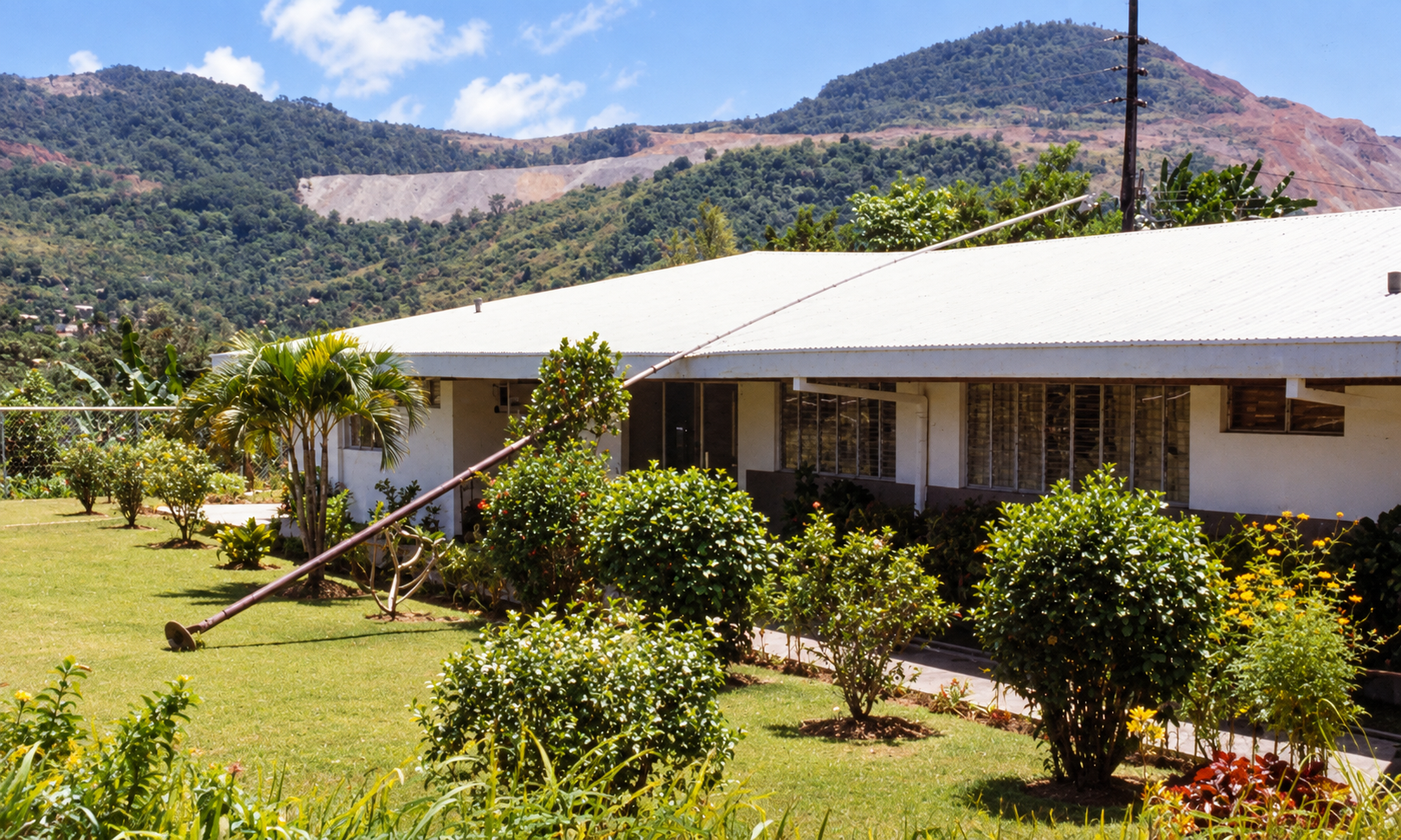 The house and garden with a long pole leaning onto the lawn and the mine hillside behind.