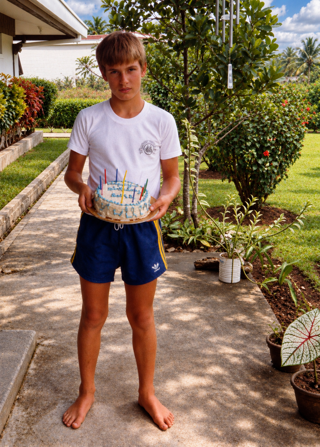 A boy holding a birthday cake on the garden path outside the house.