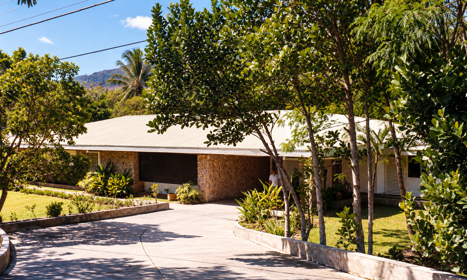 The empty driveway and stone-faced carport, framed by trees.