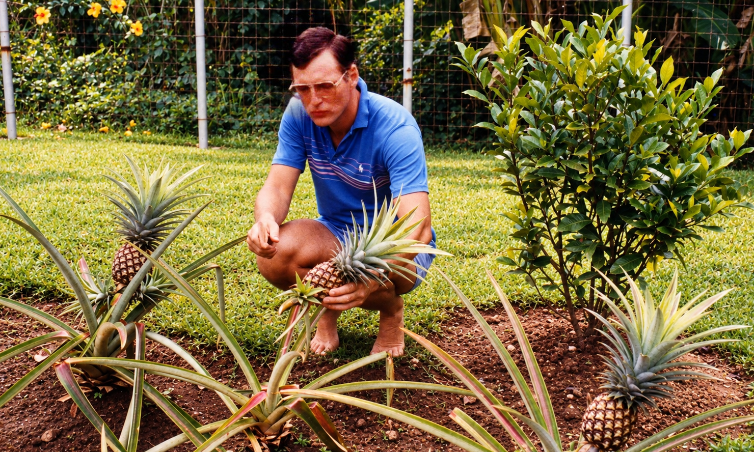 A man crouching beside pineapple plants and holding a pineapple.