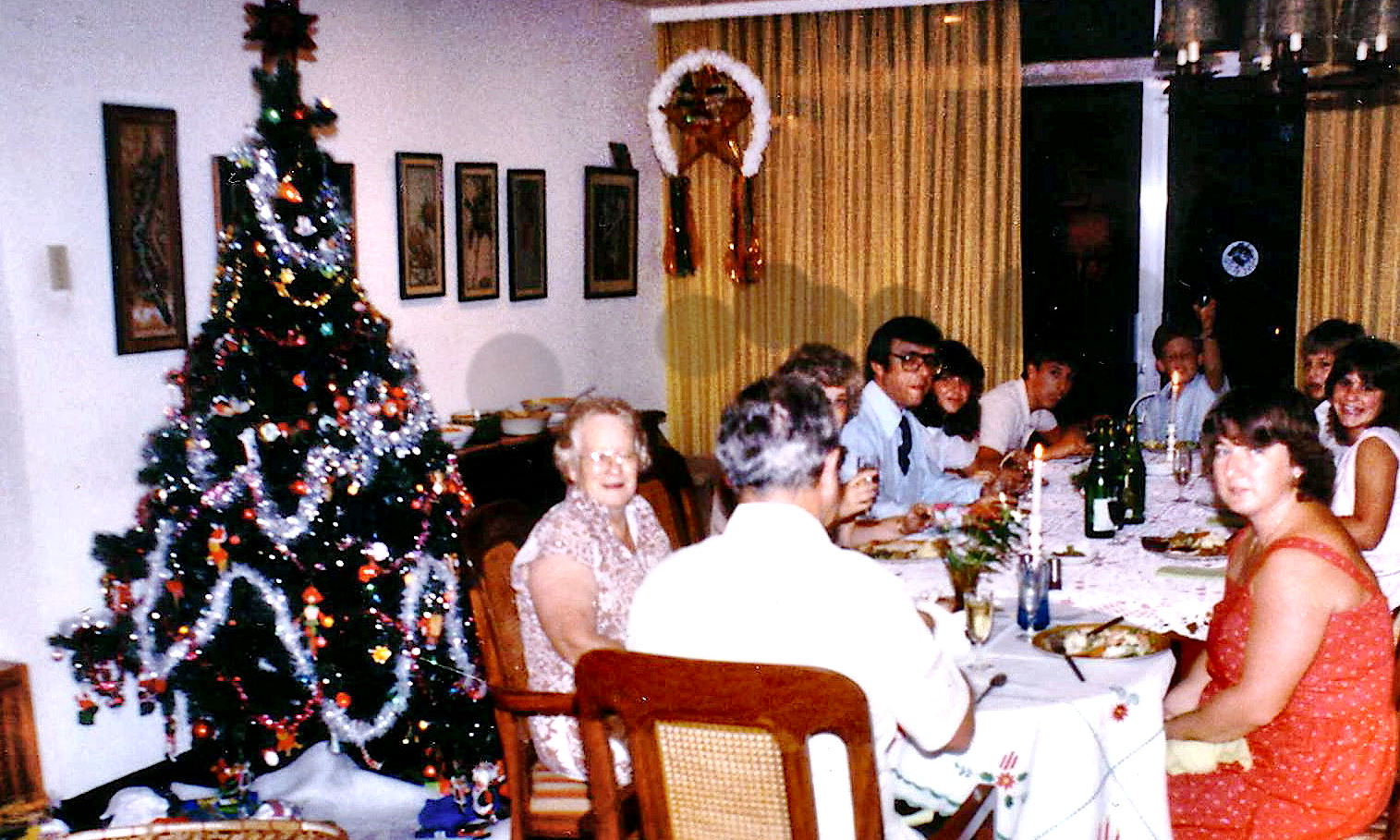 Family and friends gathered around the dining table beside a decorated Christmas tree.