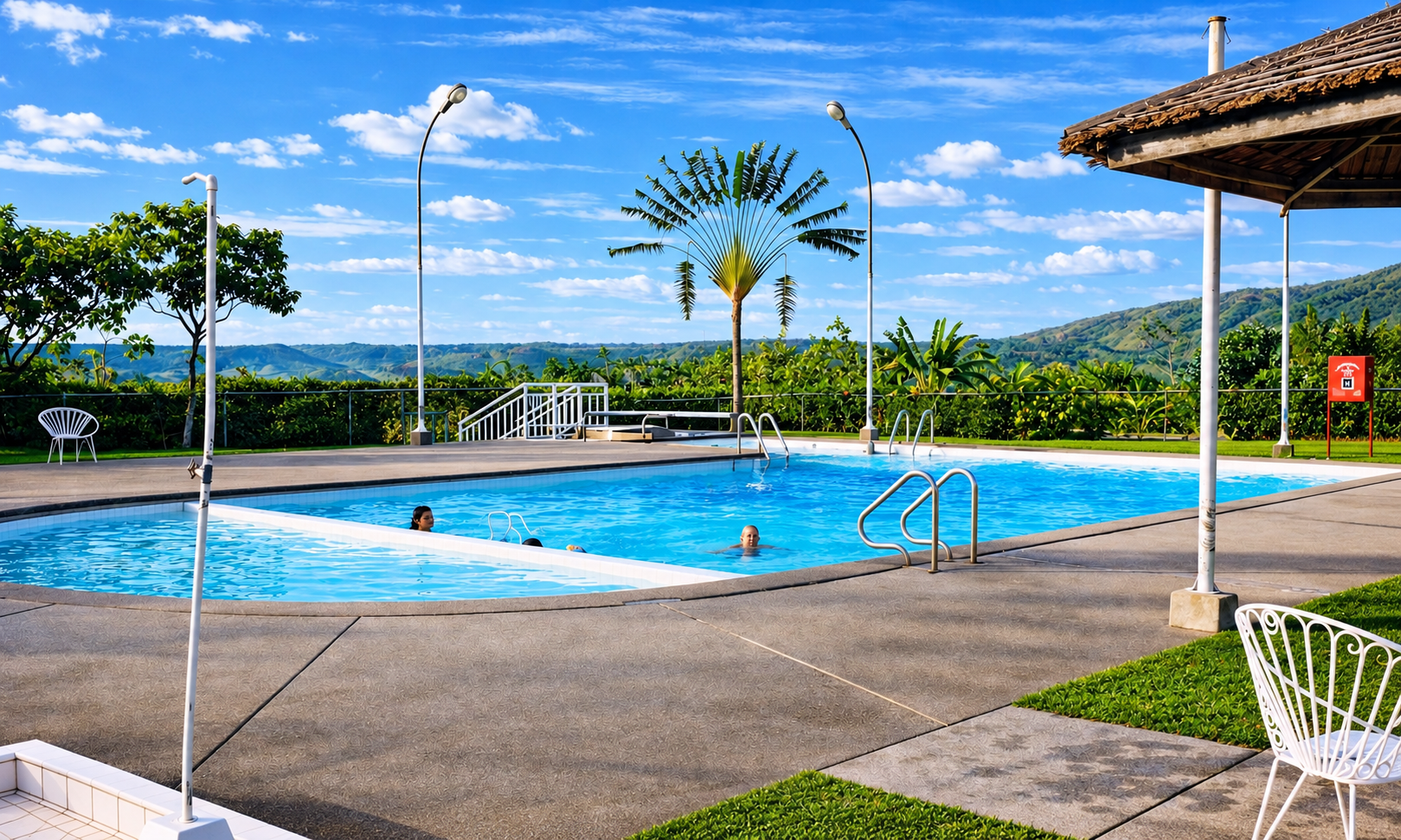Swimmers in the pool beside a thatched sunshade, with hills in the distance.